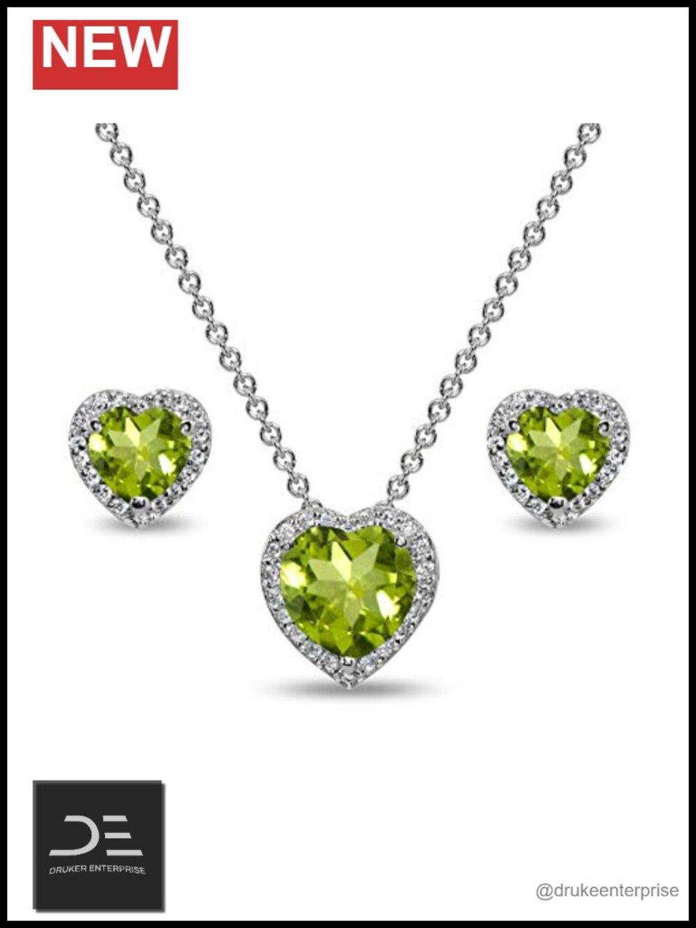 Sterling Silver Simulated Peridot Heart Necklace & Stud Earrings Set